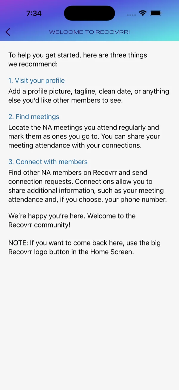 Recovrr Welcome screen