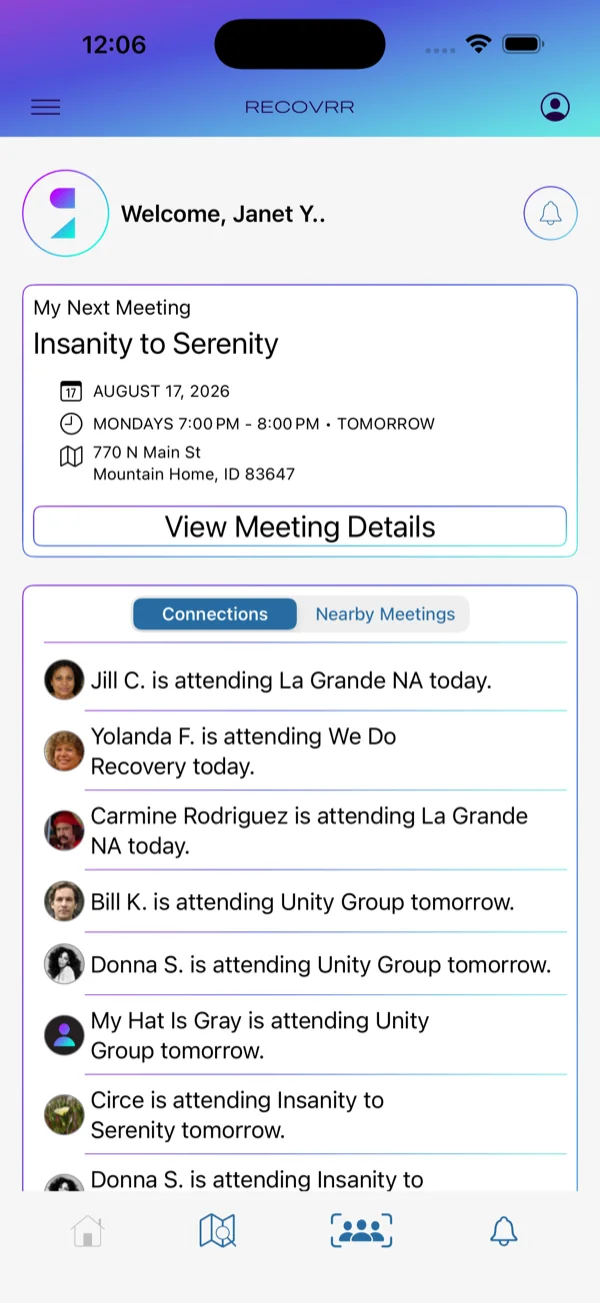 Home showing connections and upcoming meetings
