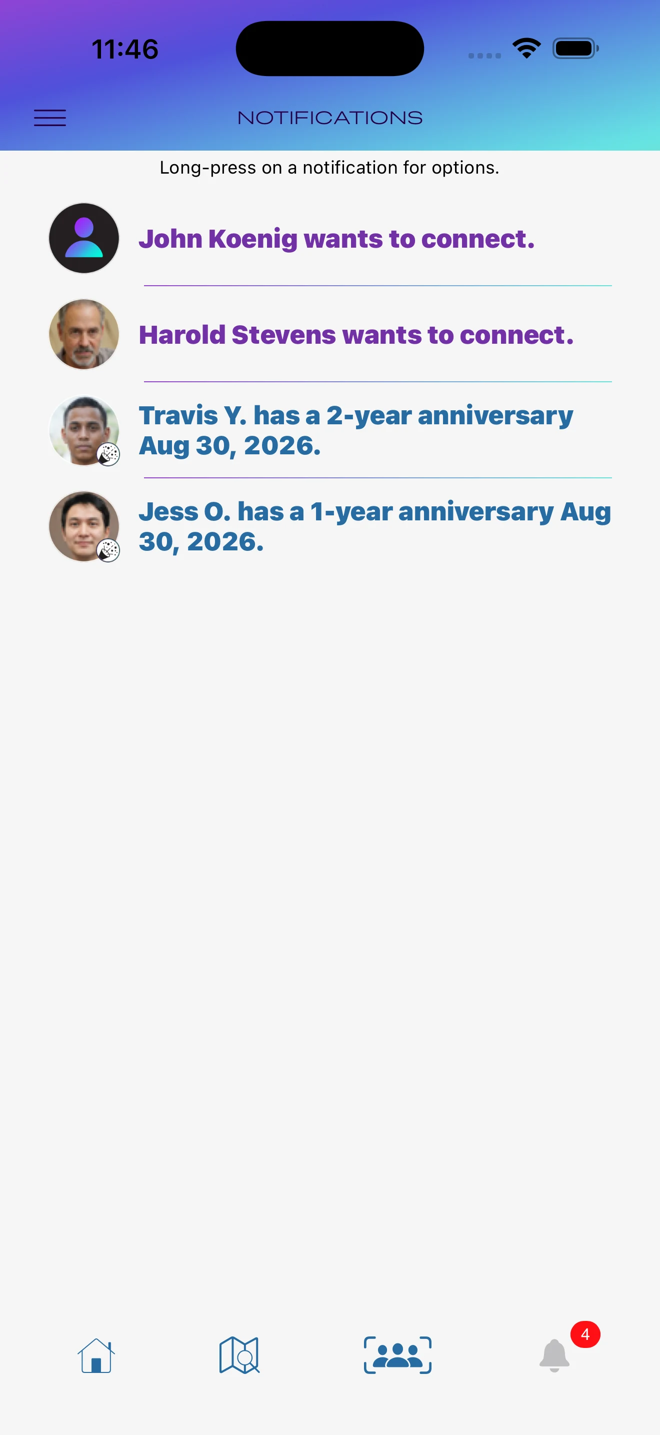Notifications tab with unread connection and clean-date notifications