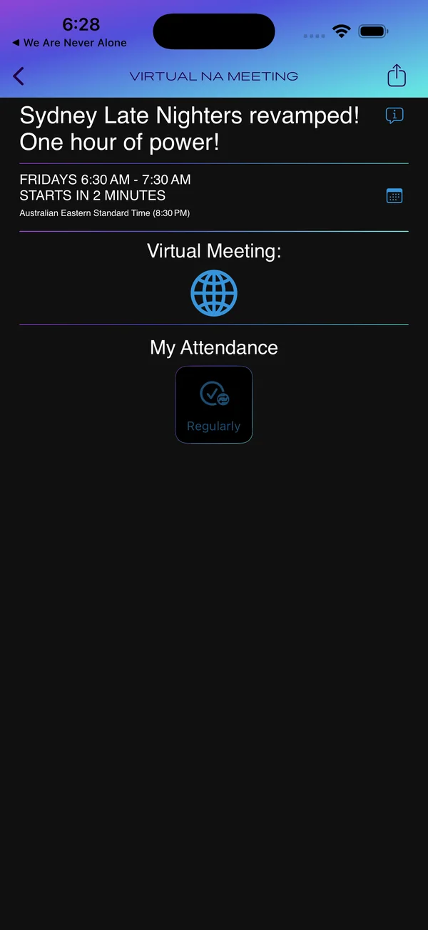 The same virtual meeting opened in the Recovrr Meeting Details screen
