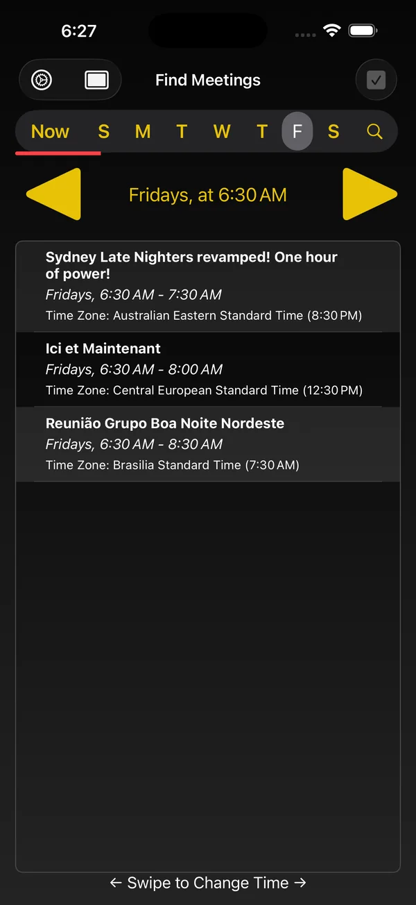 We Are Never Alone Find Meetings screen showing virtual meetings around the selected time