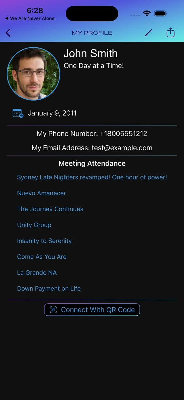 We Are Never Alone profile showing the selected virtual meeting in meeting attendance