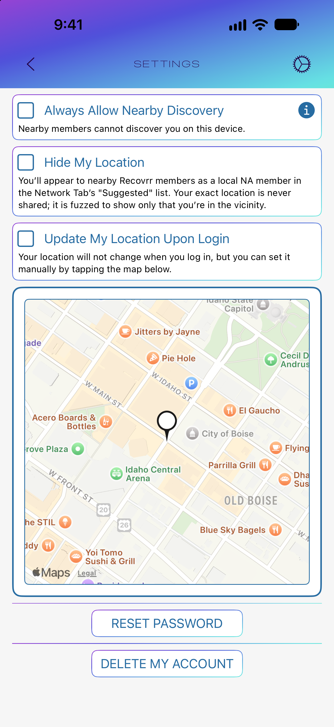 Recovrr privacy and location settings