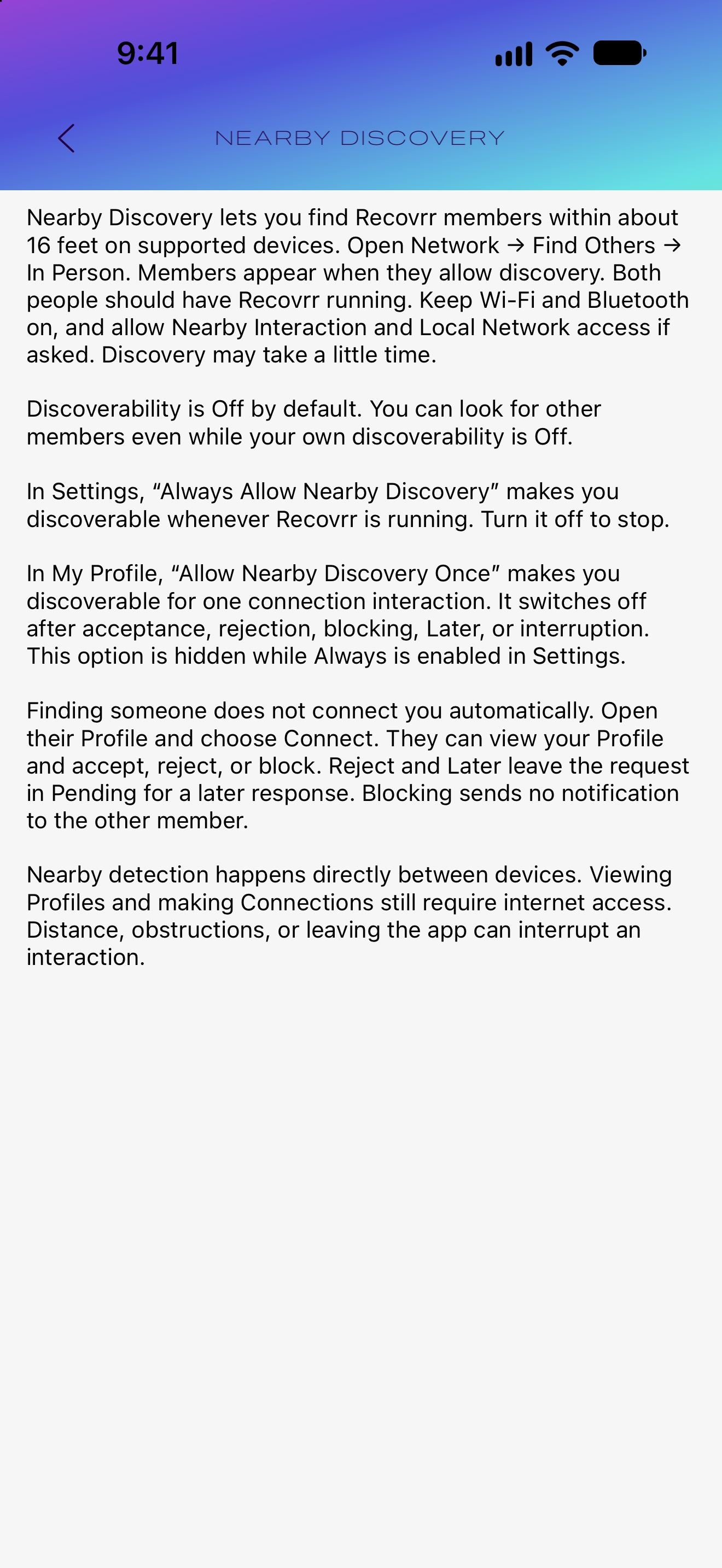 The NEARBY DISCOVERY explanation opened from a checkbox information button
