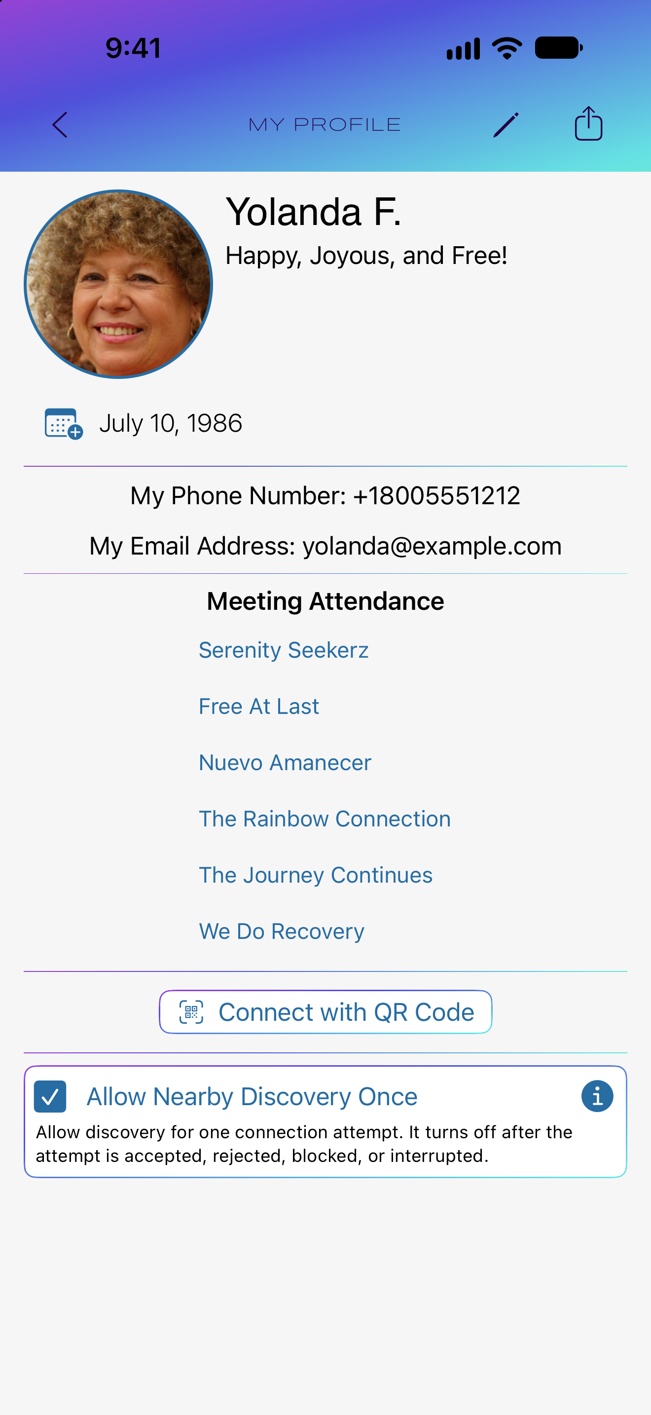 My Profile with Allow Nearby Discovery Once enabled