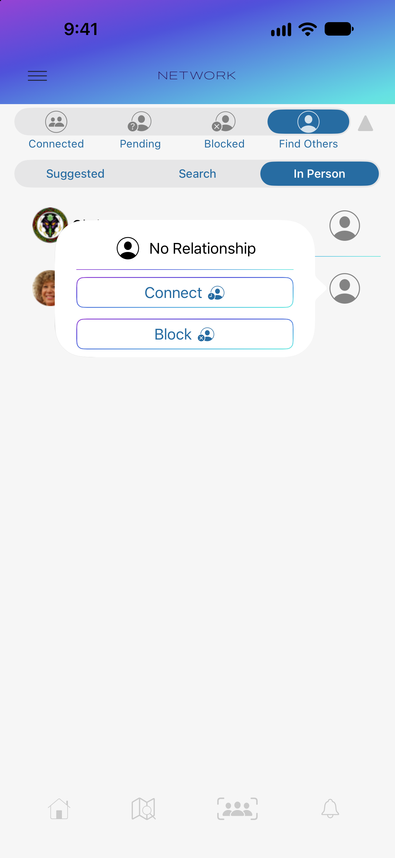 The relationship popover with Connect and Block choices beside an In Person member