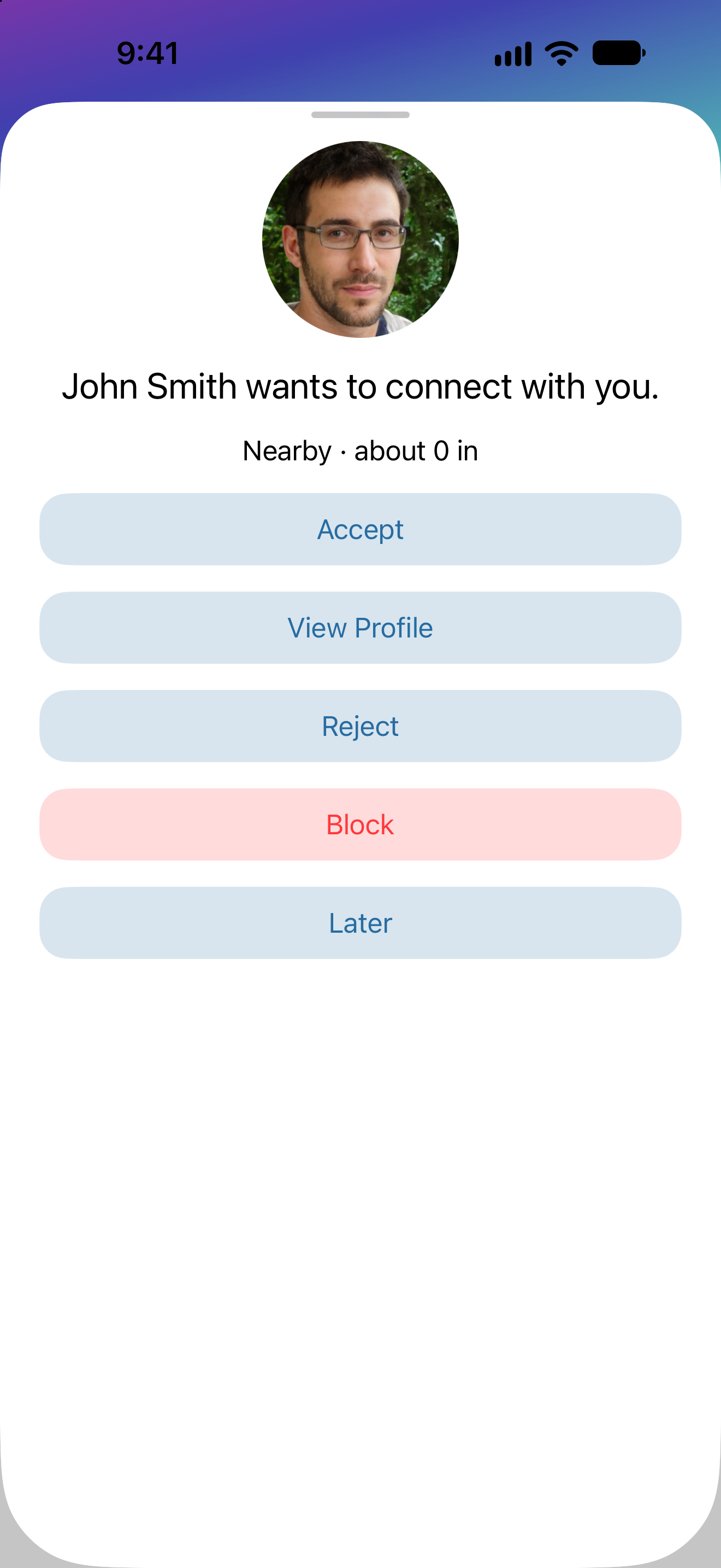 The incoming nearby request with its circular avatar and response choices