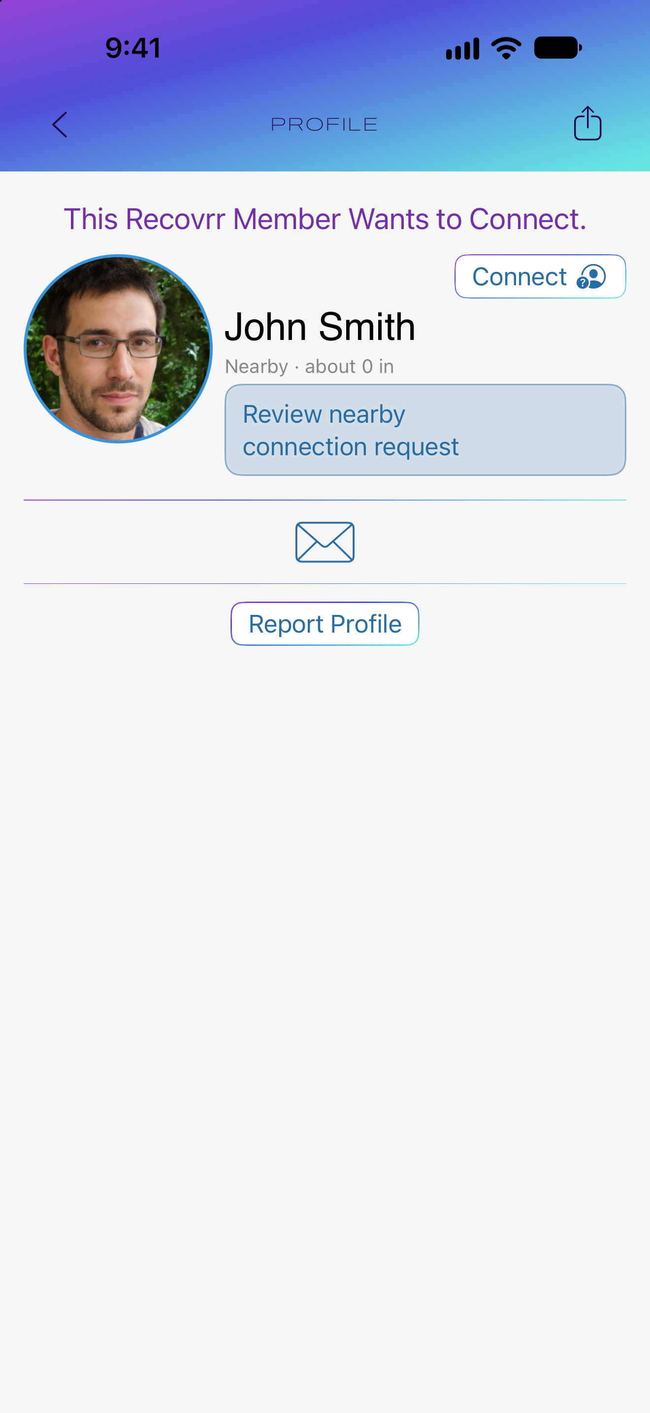 A Profile with the Review nearby connection request button during an incoming request