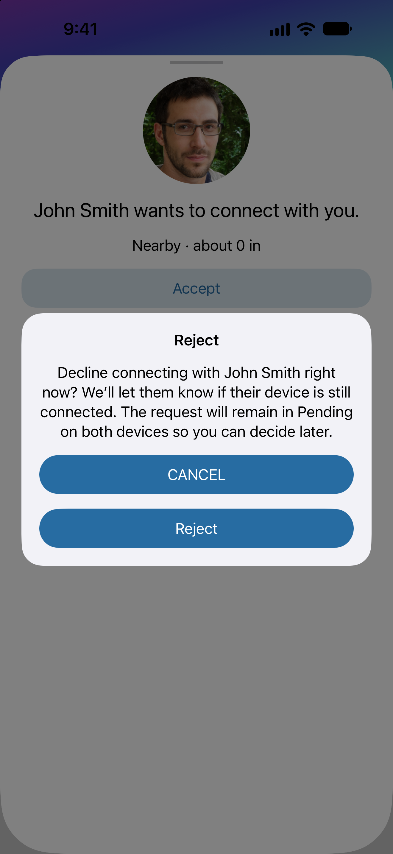 Reject confirmation explaining that the request will remain in Pending on both devices
