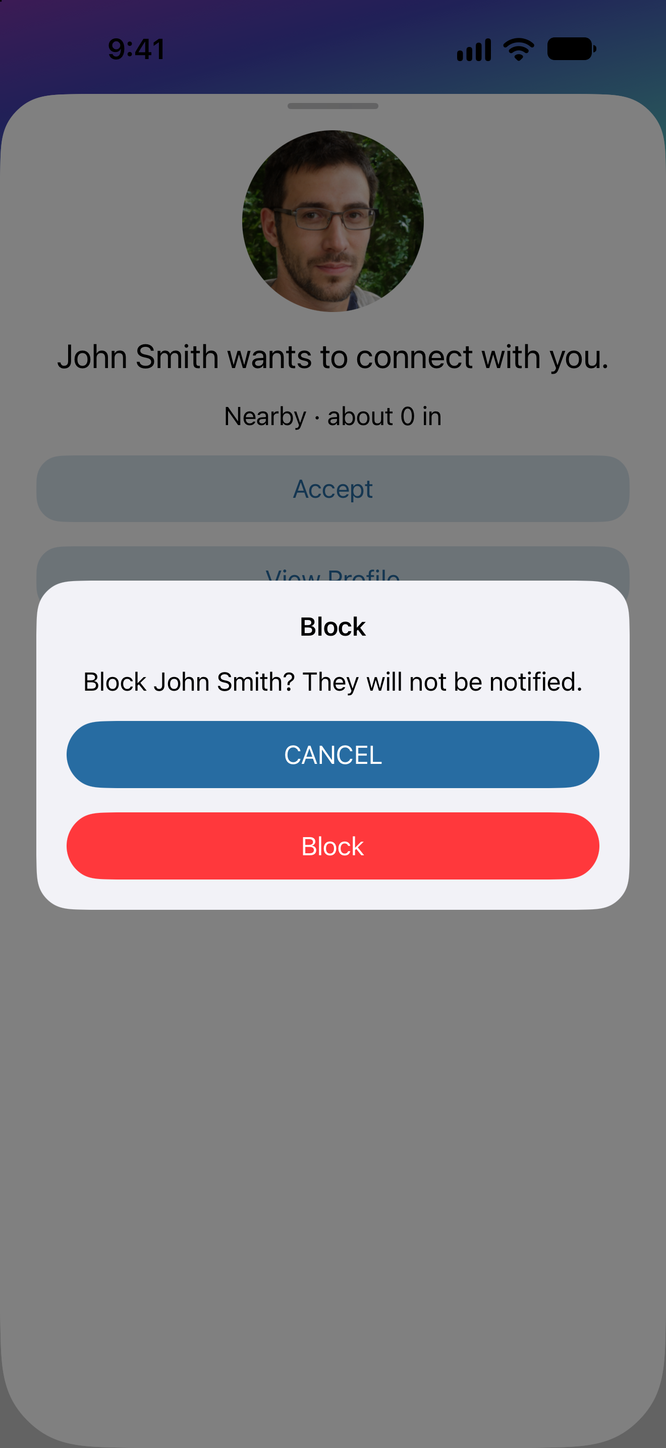 Block confirmation with Cancel and a red destructive Block button