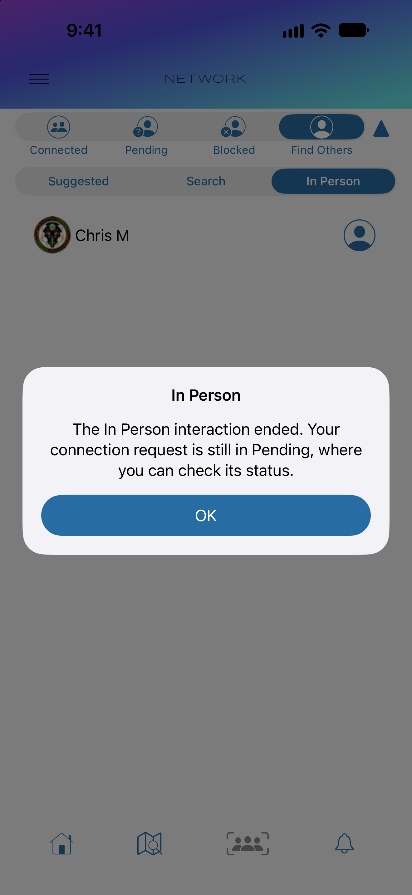 An alert explaining that the nearby interaction ended and its request remains in Pending