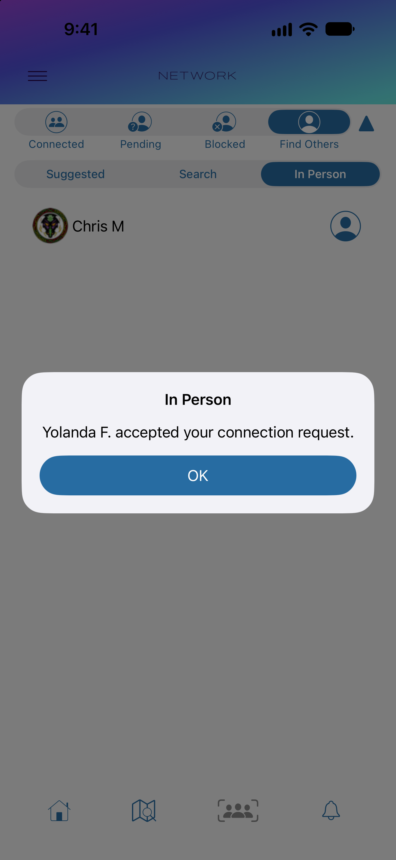Sender notification confirming that a nearby connection request was accepted